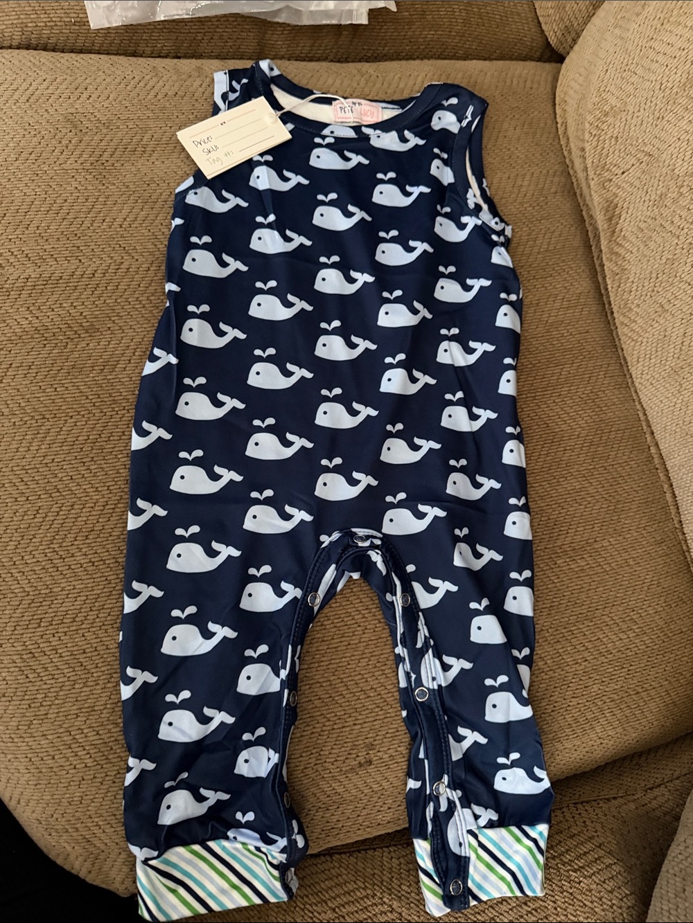 Pete & Lucy Navy Whale Print Sleeveless Onesie